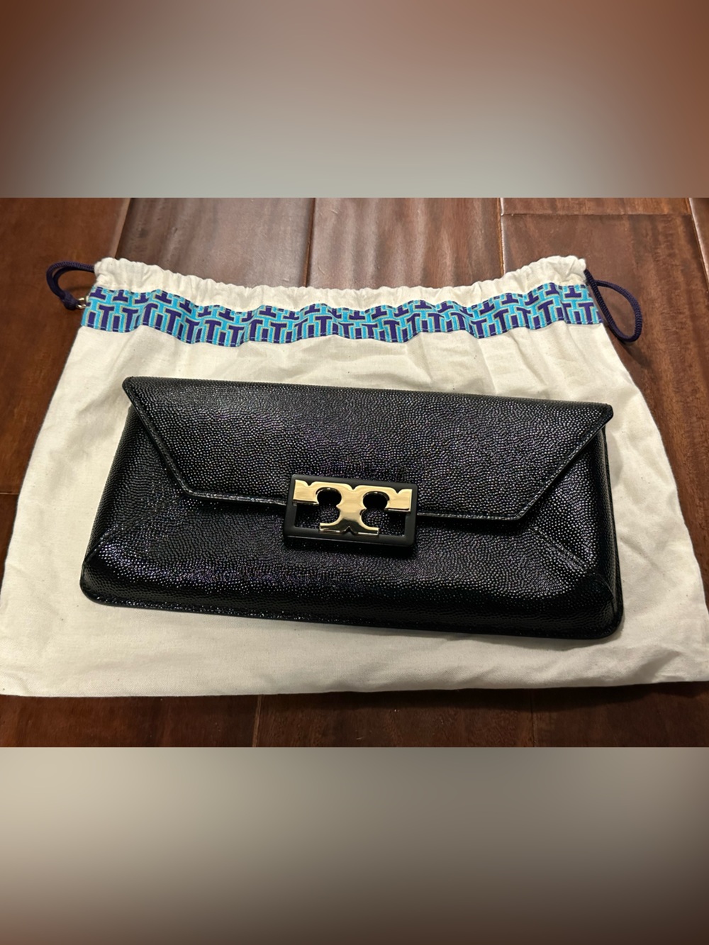 Tory Burch Black Textured Clutch with Gold Logo Lock